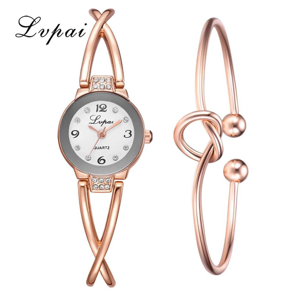 Retro Female Quartz Watch Alloy Watch Delicate Ladies Bracelet Wristwatch Set( Rose Gold White）