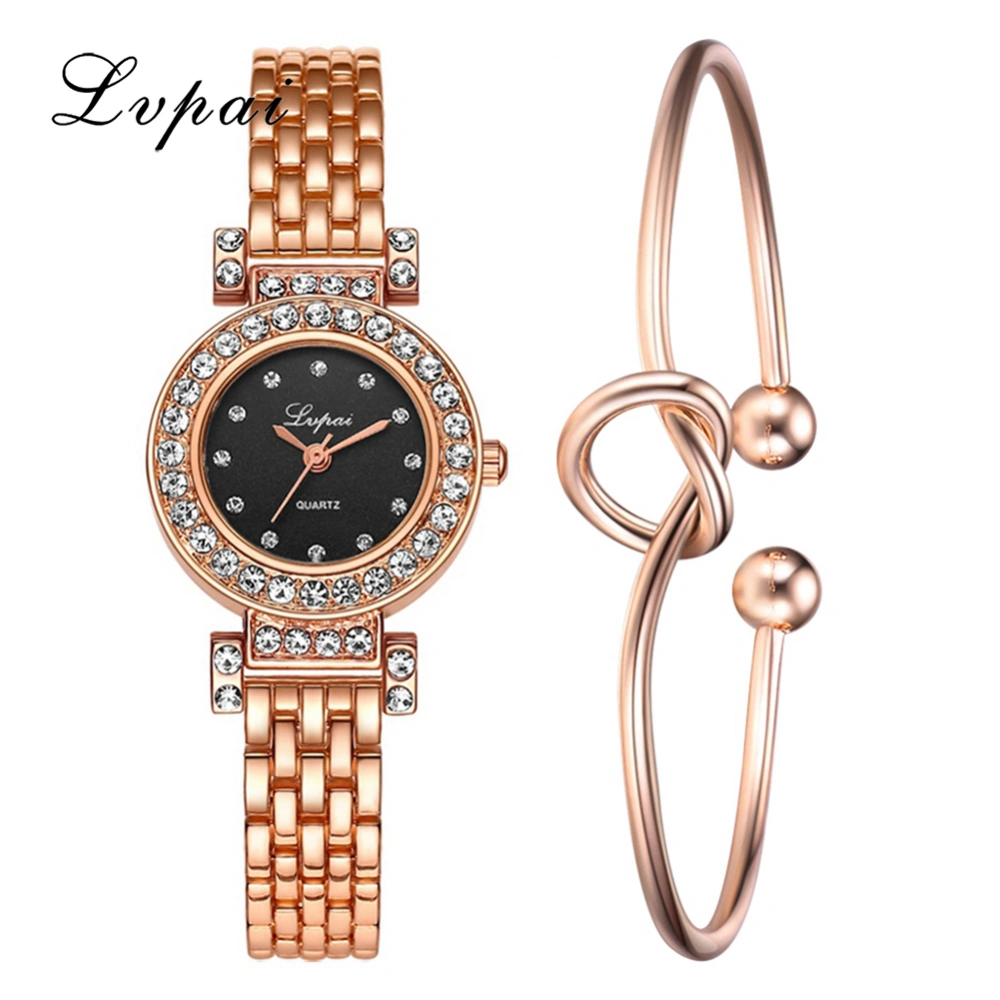 Ivpai Alloy Strap Quartz Rhinestone Decoration Female Watch with Bracelet (Rose Gold Black)