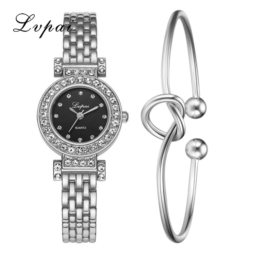 Ivpai Alloy Strap Quartz Rhinestone Decoration Female Watch with Bracelet (Silver Black)