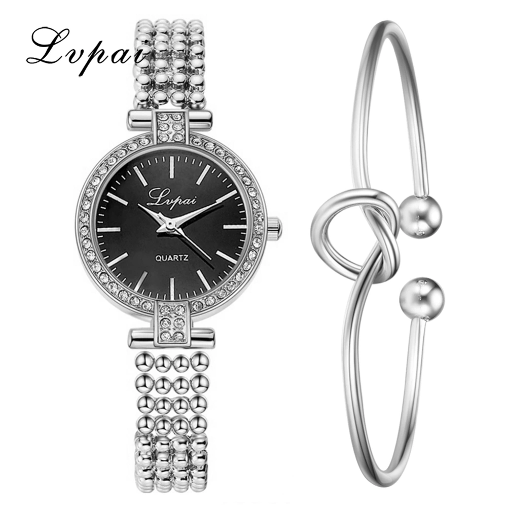 Ivpai Alloy Strap Quartz Rhinestone Decoration Female Watch with Bracelet (Silver Black)