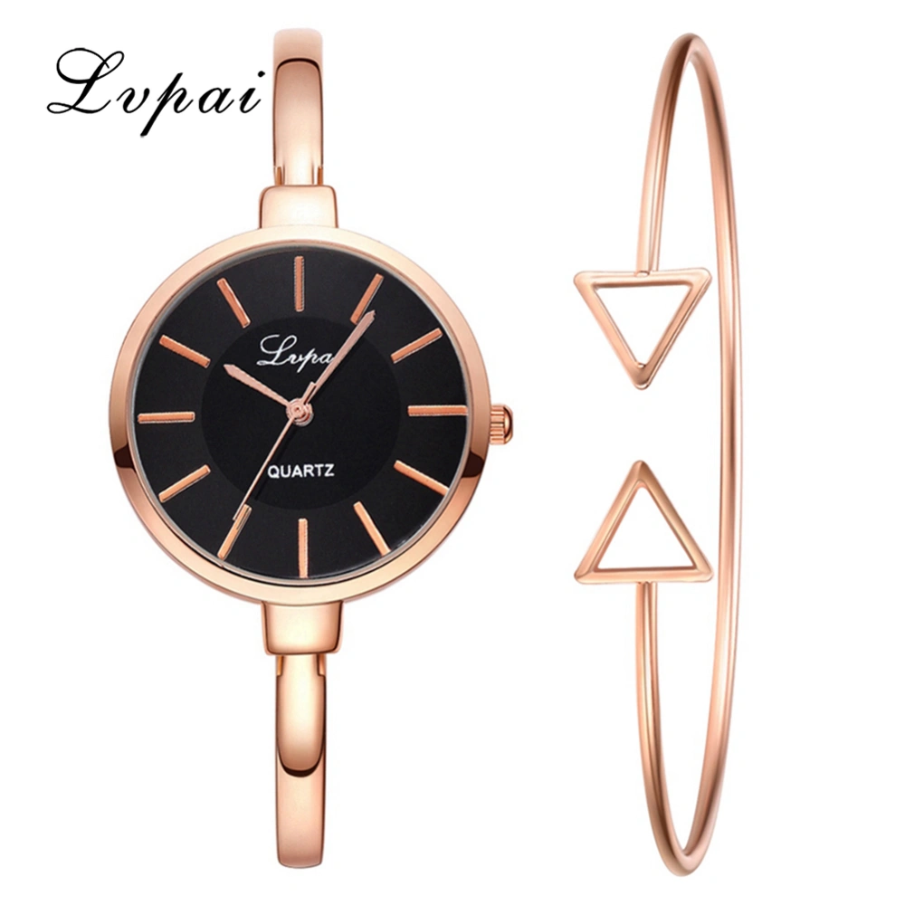 Ivpai Alloy Strap Quartz Watch Decoration Female Watch with Bracelet (Rose Gold Black)