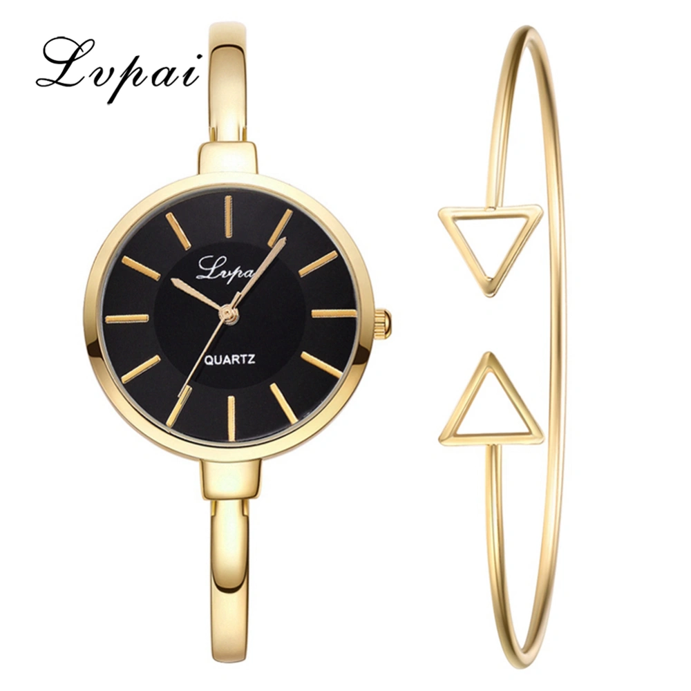 Ivpai Alloy Strap Quartz Watch Decoration Female Watch with Bracelet (Gold Black)