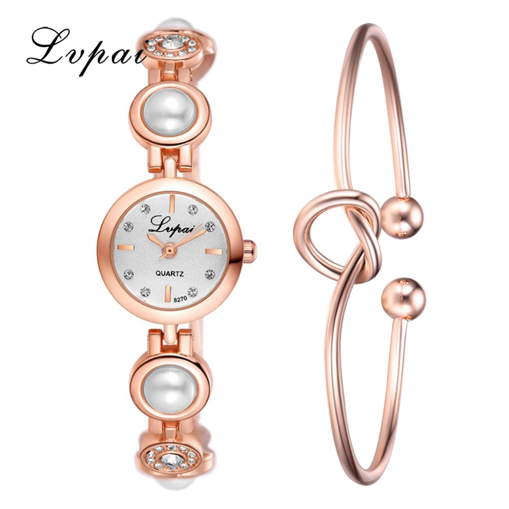 Ivpai Alloy Strap Quartz Rhinestone Decoration Female Watch with Bracelet (Rose Gold White)