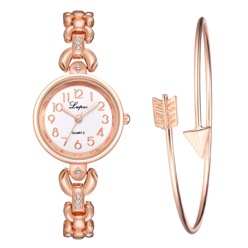 Women Casual Round Dial Quartz Watch Alloy Bracelet Wristwatch Set(Rose Gold White)