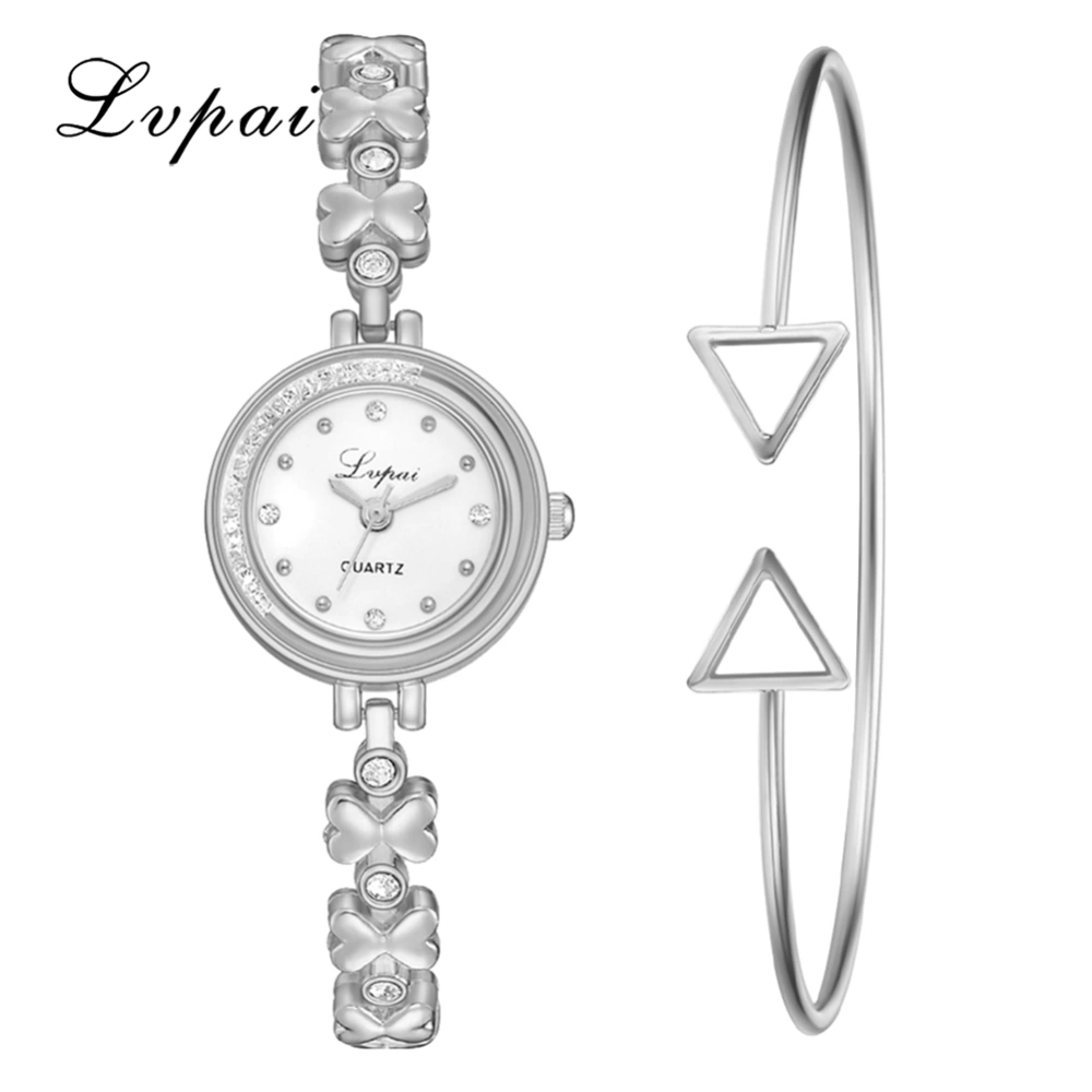 Stylish Women Quartz Watch Casual Rhinestones Wristwatch Elegant Bracelet(Silver White)