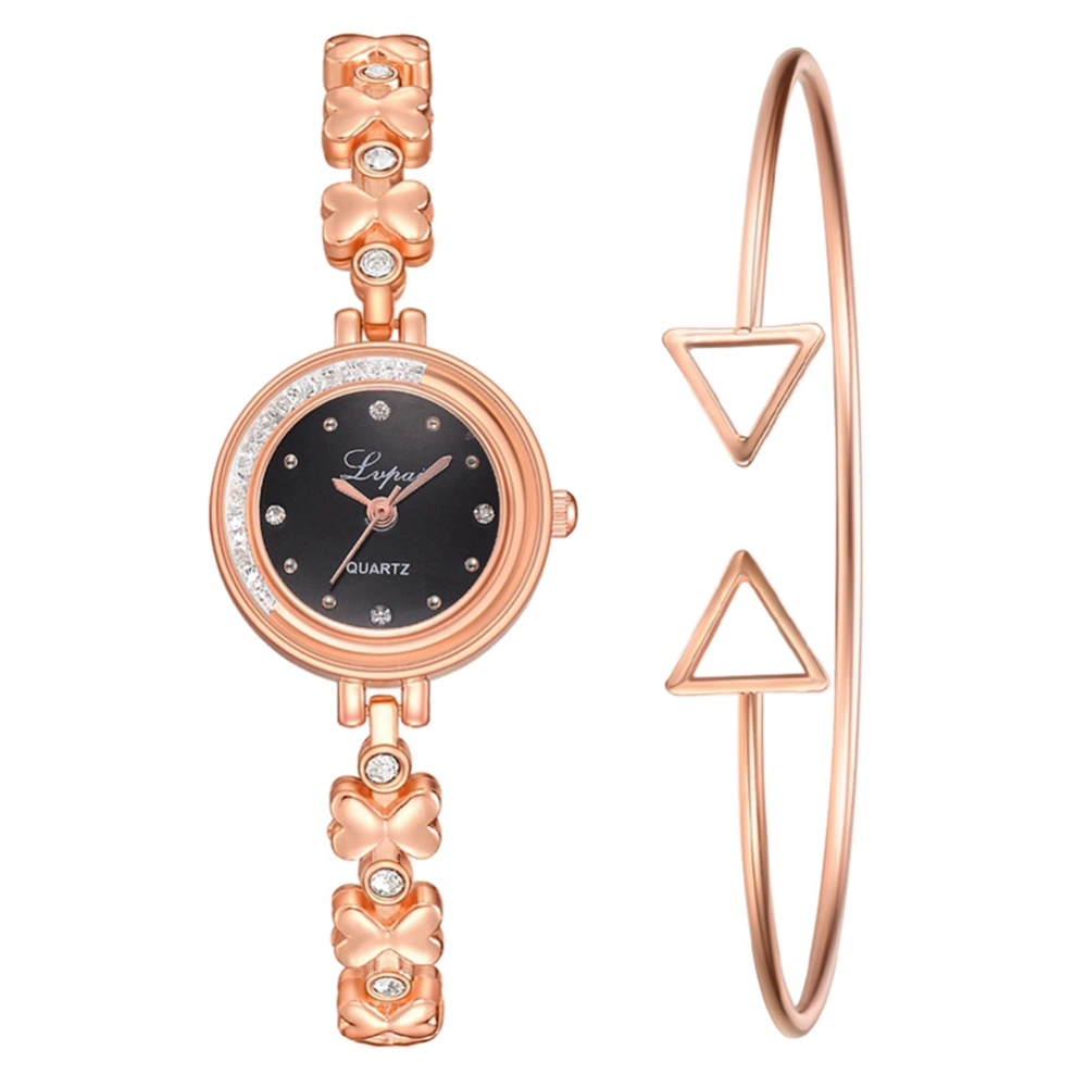 Stylish Women Quartz Watch Casual Rhinestones Wristwatch Elegant Bracelet(Rose Gold Black)