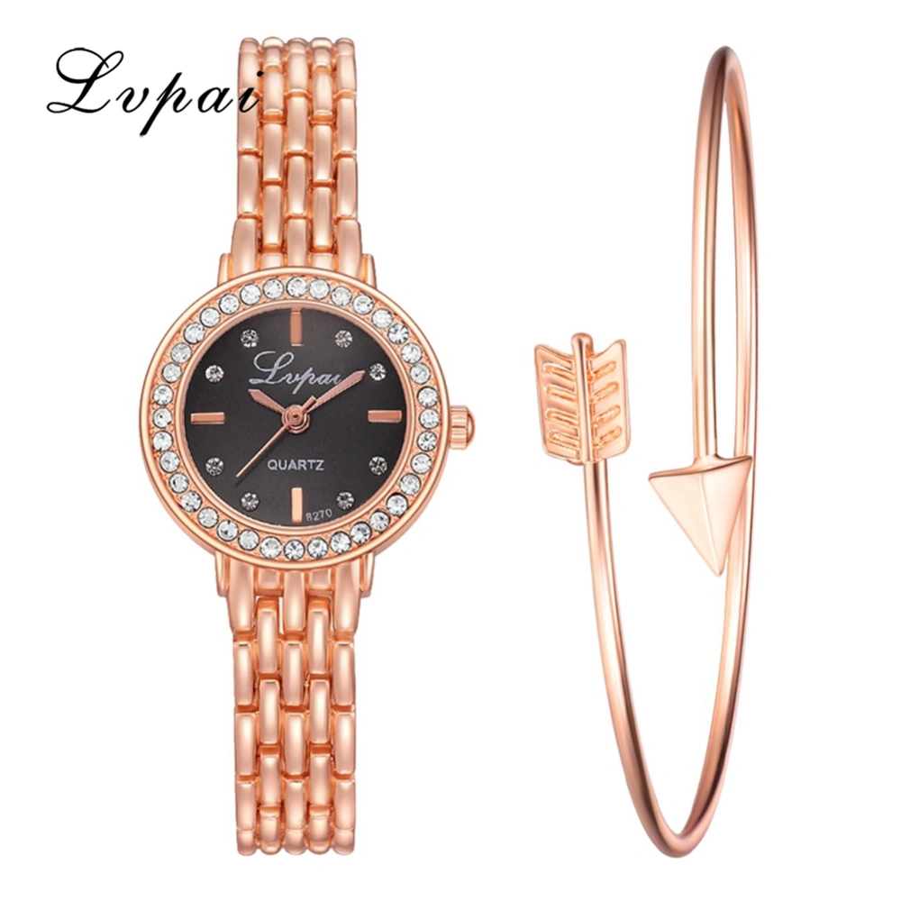 LVPAI Women Quartz Watch Casual Rhinestones Elegant Bracelet Wristwatch Set(Rose Gold Black)