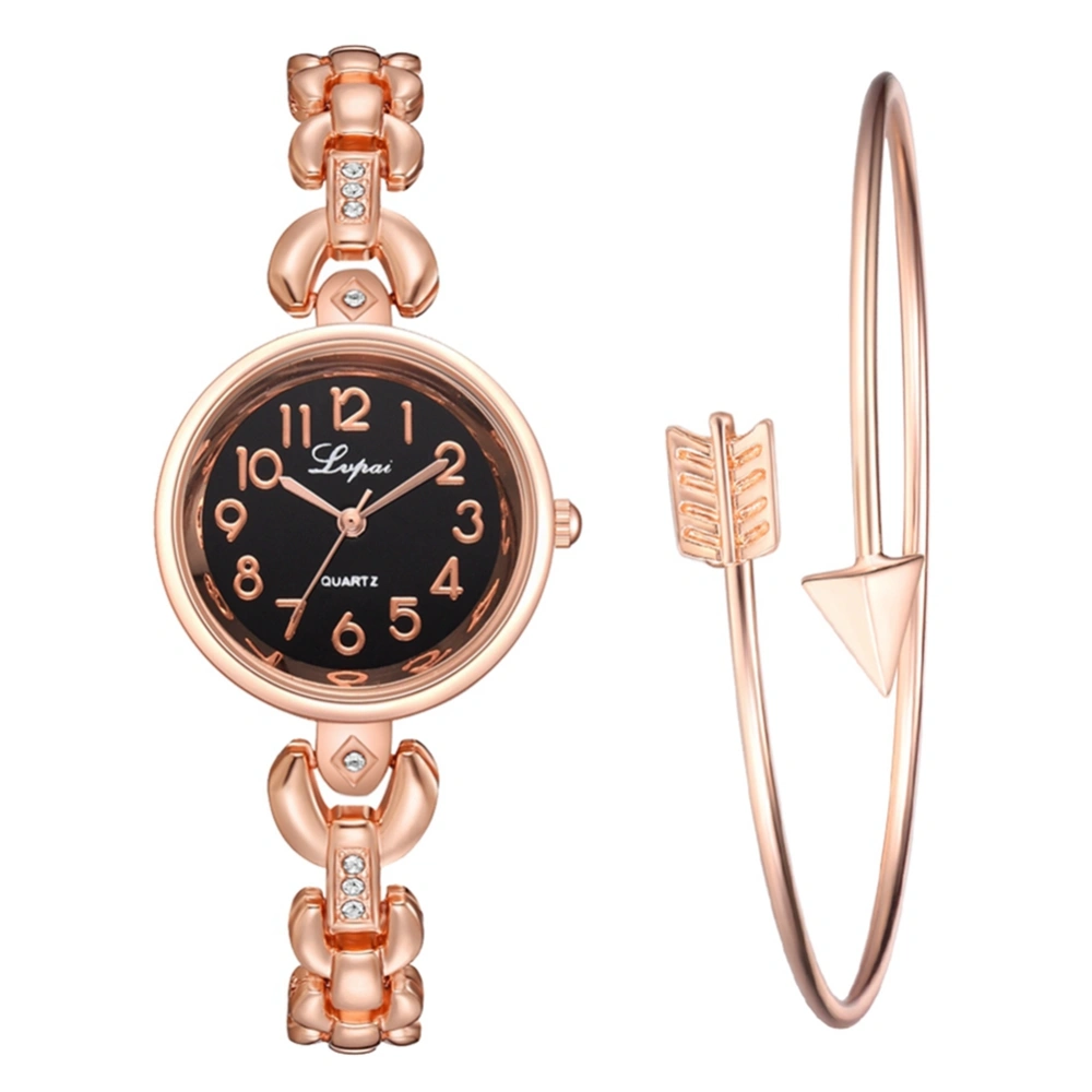 Women Casual Round Dial Quartz Watch Alloy Bracelet Wristwatch Set(Rose Gold Black)