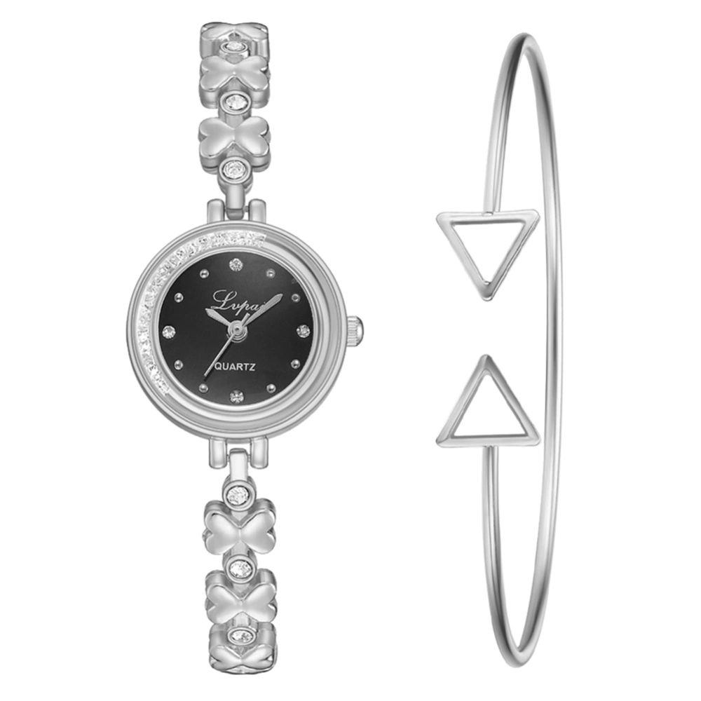 Stylish Women Quartz Watch Casual Rhinestones Wristwatch Elegant Bracelet(Silver Black)