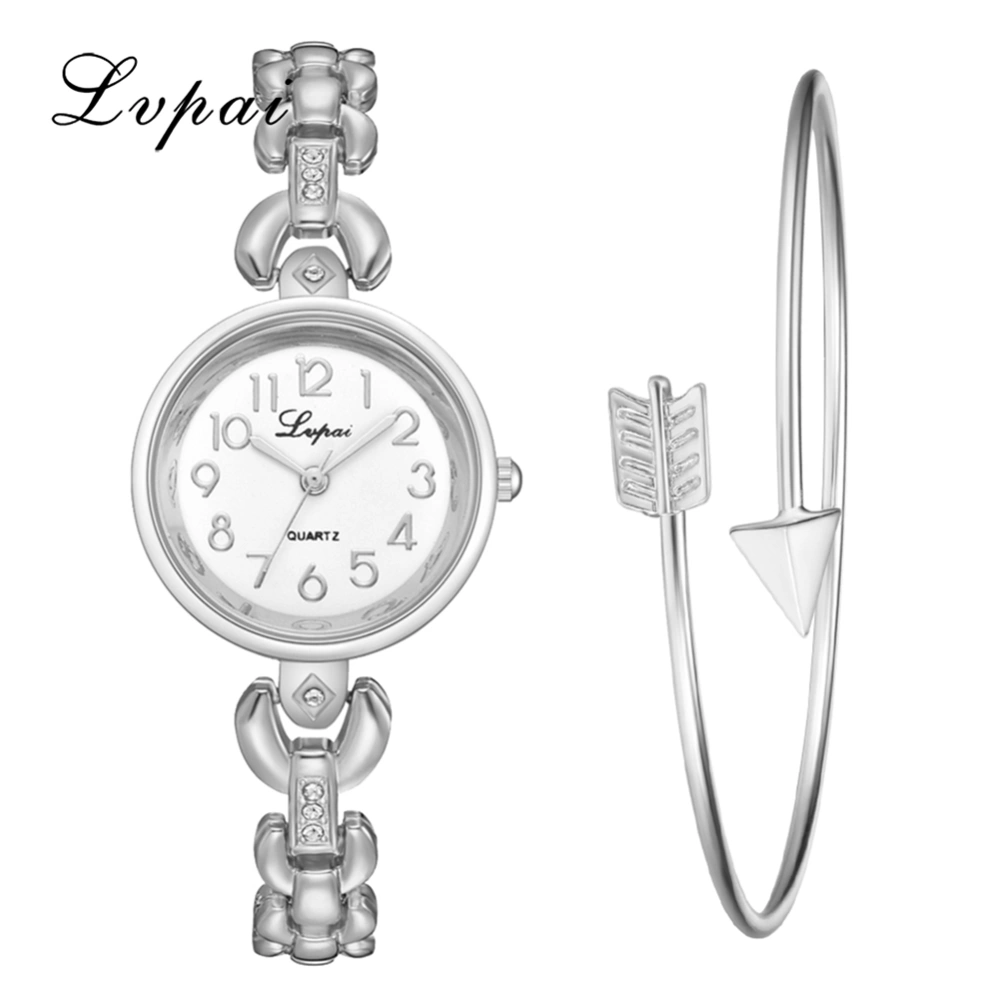 Women Casual Round Dial Quartz Watch Alloy Bracelet Wristwatch Set(Silver White)