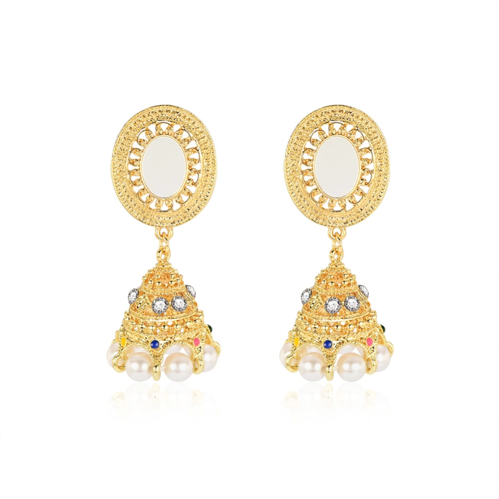 Stylish Women Shiny Rhinestones Faux Pearl Geometrical Pendant Alloy Drop Earrings