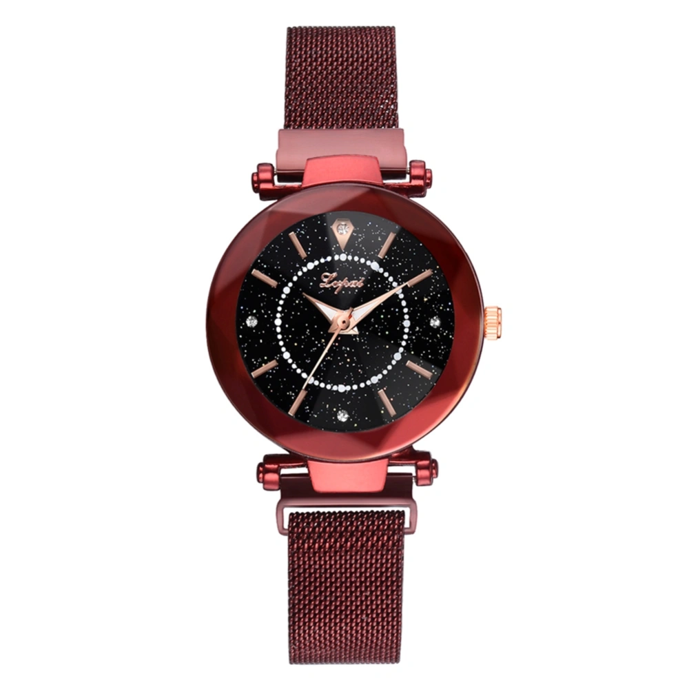 Fashion Mesh Belt Strap Quartz Watch Starry Sky Pattern Rhinestone Female Watch (Red)