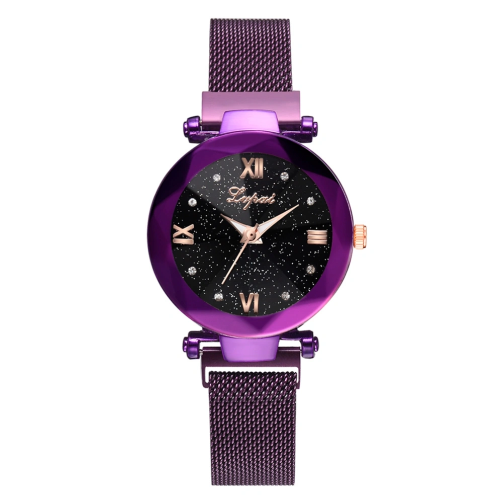 Fashion Alloy Strap Quartz Watch Starry Sky Pattern Rhinestone Female Watch (Purple)