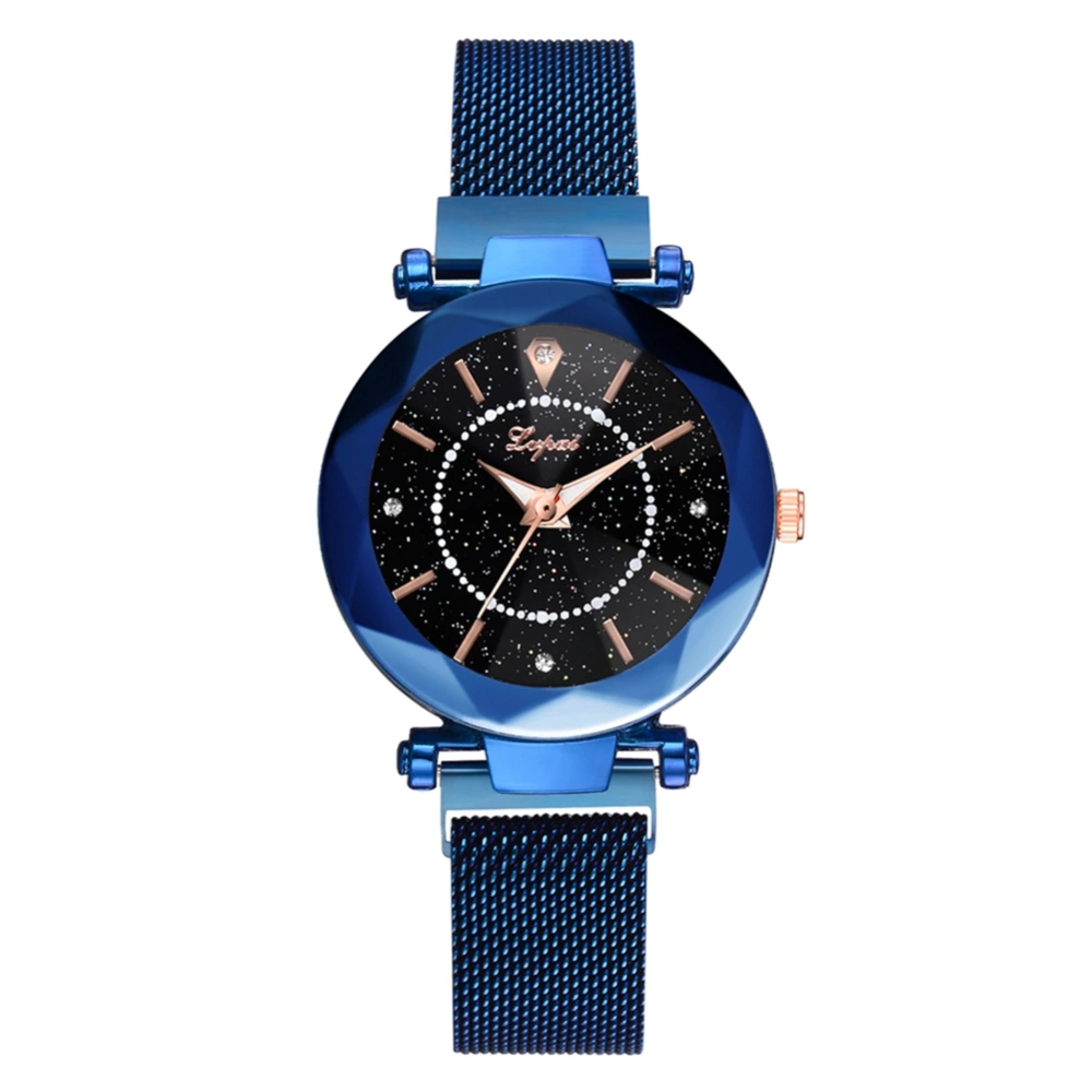 Fashion Mesh Belt Strap Quartz Watch Starry Sky Pattern Rhinestone Female Watch (Blue)