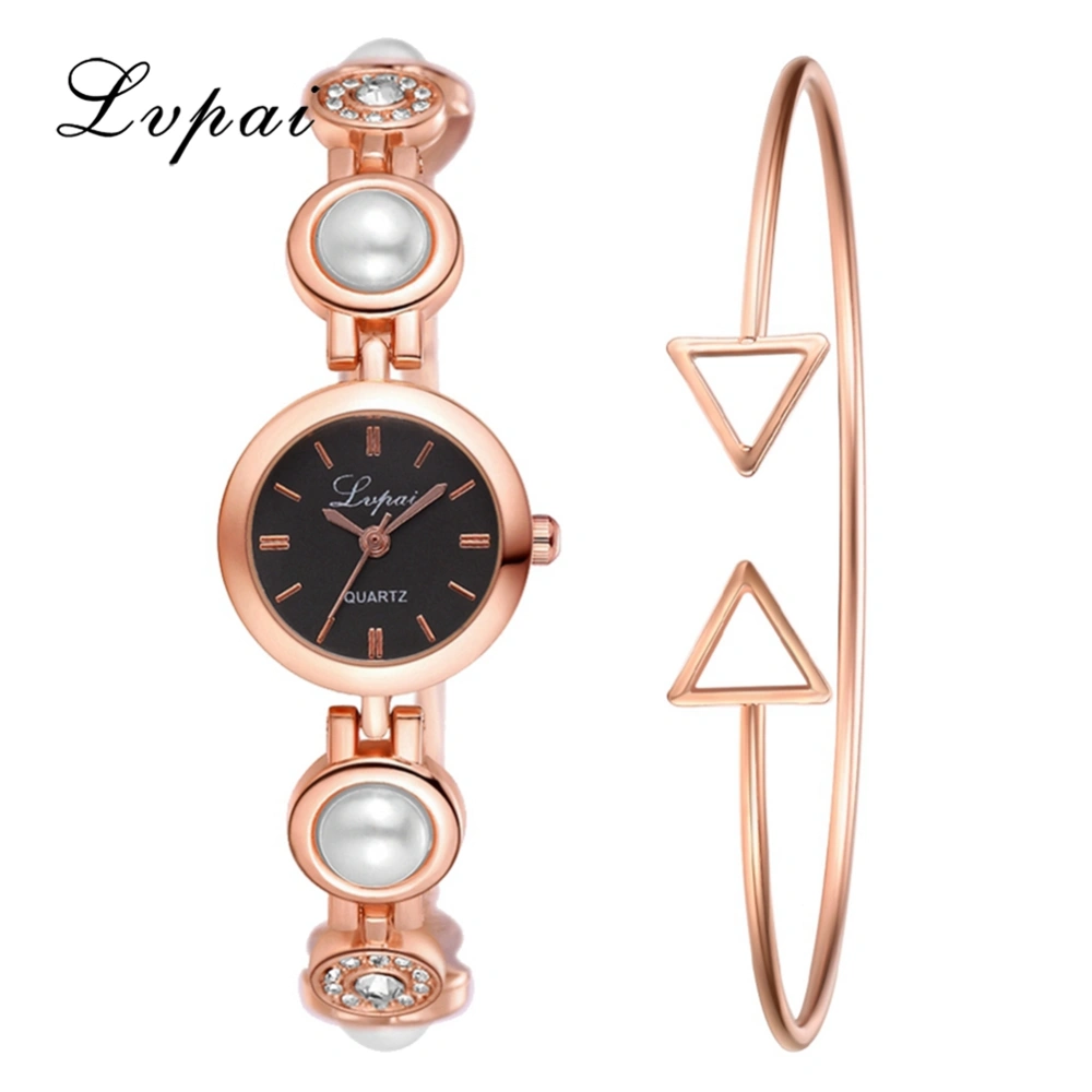 Ivpai Alloy Strap Quartz Rhinestone Decoration Female Watch with Bracelet (Rose Gold Black)