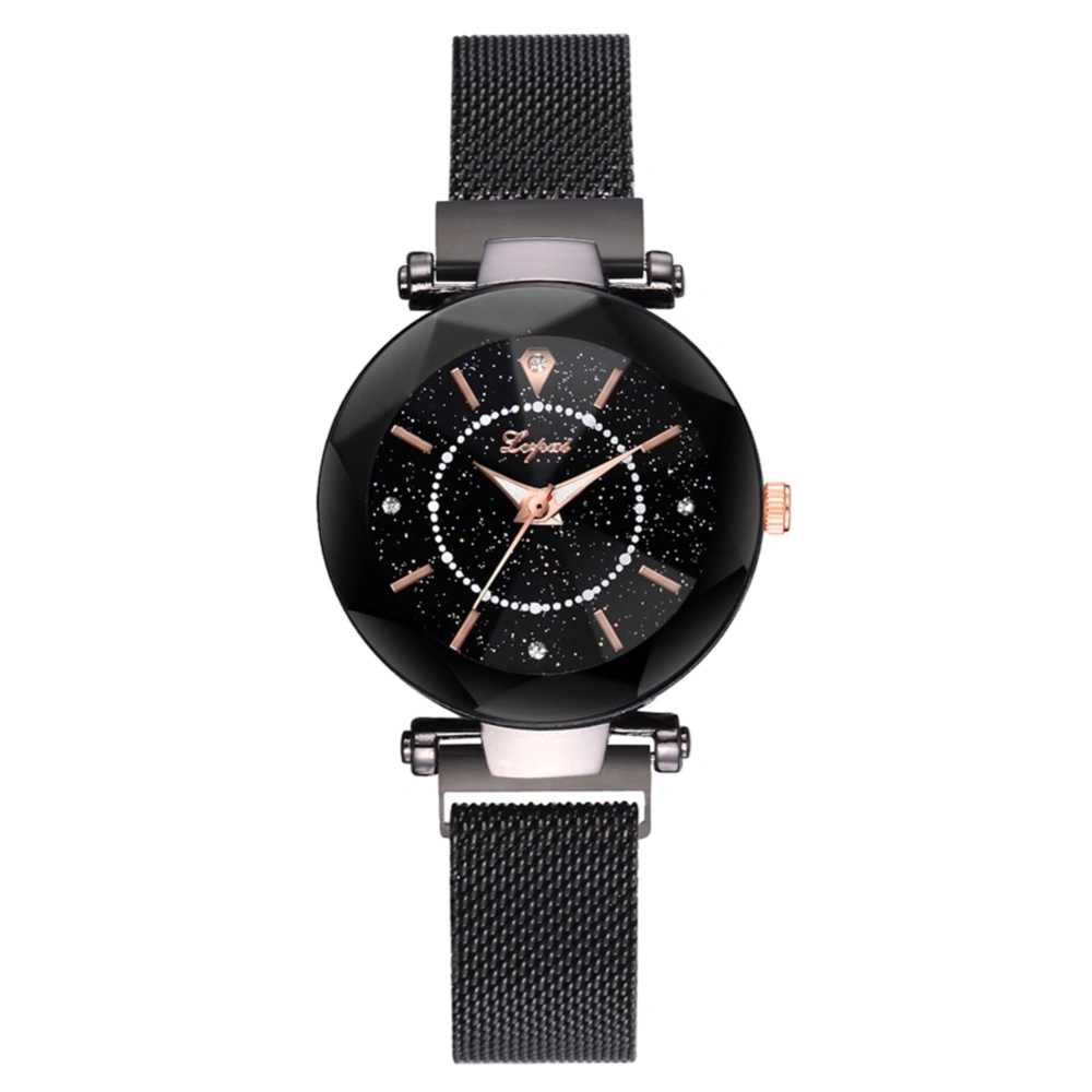 Fashion Mesh Belt Strap Quartz Watch Starry Sky Pattern Rhinestone Female Watch (Black)