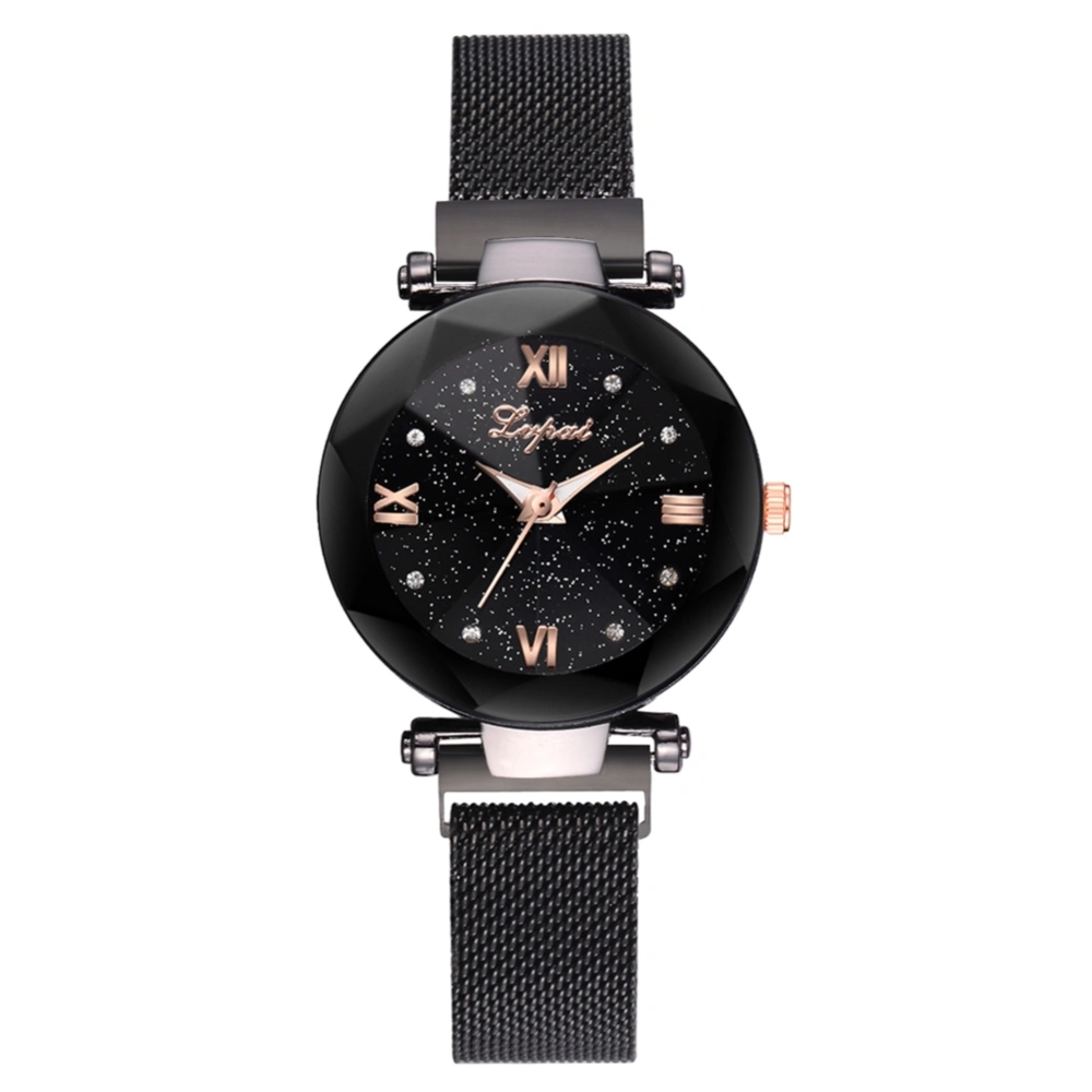 Fashion Alloy Strap Quartz Watch Starry Sky Pattern Rhinestone Female Watch (Black)