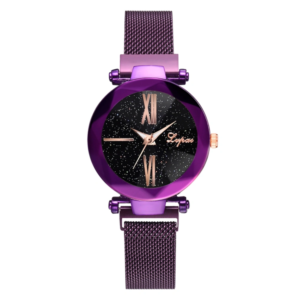 Fashion Alloy Strap Quartz Watch Starry Sky Pattern Casual Female Watch (Purple)