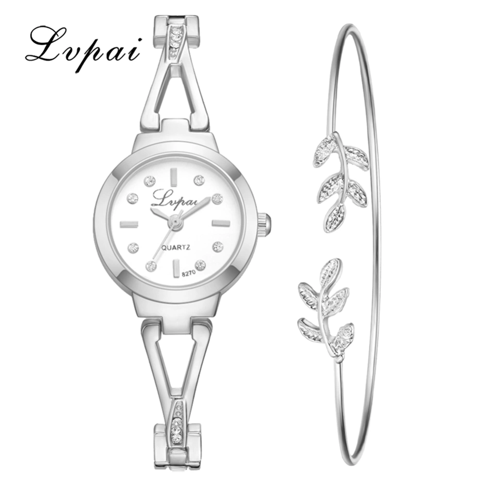 Ivpai Alloy Strap Quartz Shining Rhinestone Female Watch with Bracelet (Silver White)