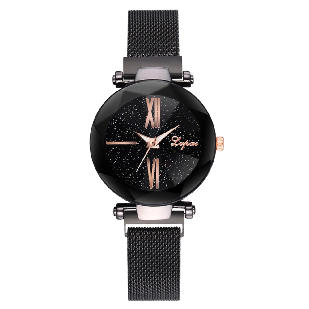 Fashion Alloy Strap Quartz Watch Starry Sky Pattern Casual Female Watch (Black)