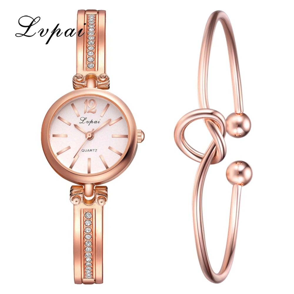 Ivpai Alloy Strap Quartz Rhinestone Decoration Female Watch with Bracelet (Rose Gold White)