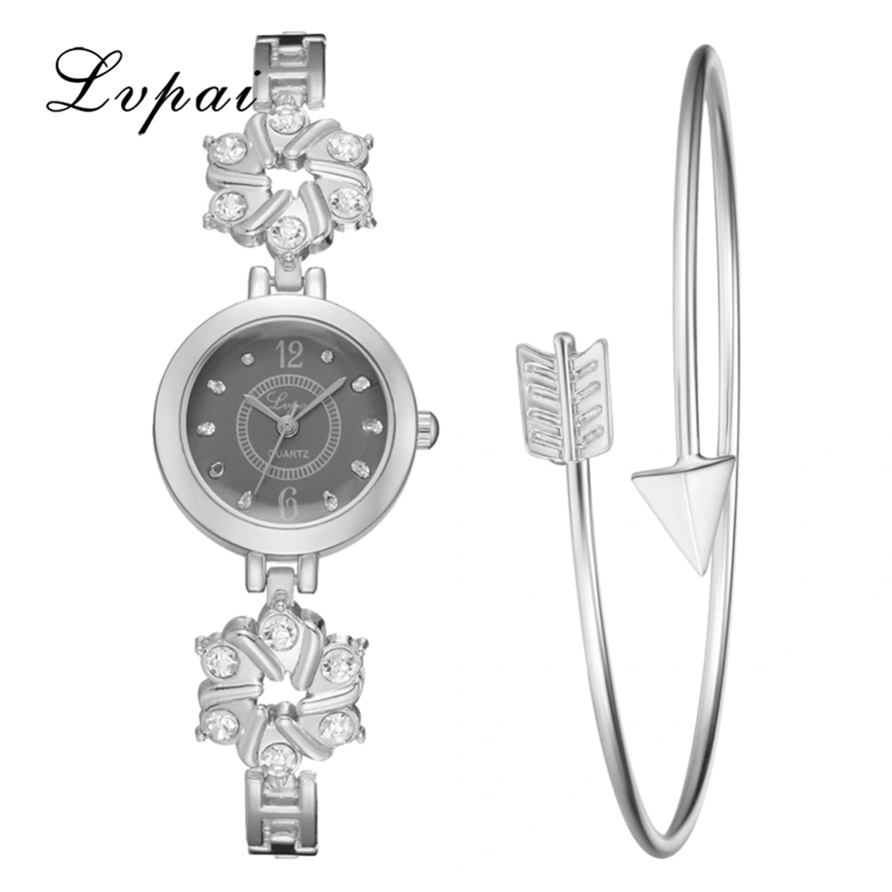 Ivpai Alloy Strap Quartz Rhinestone Vintage Style Female Watch with Bracelet (Silver Black)