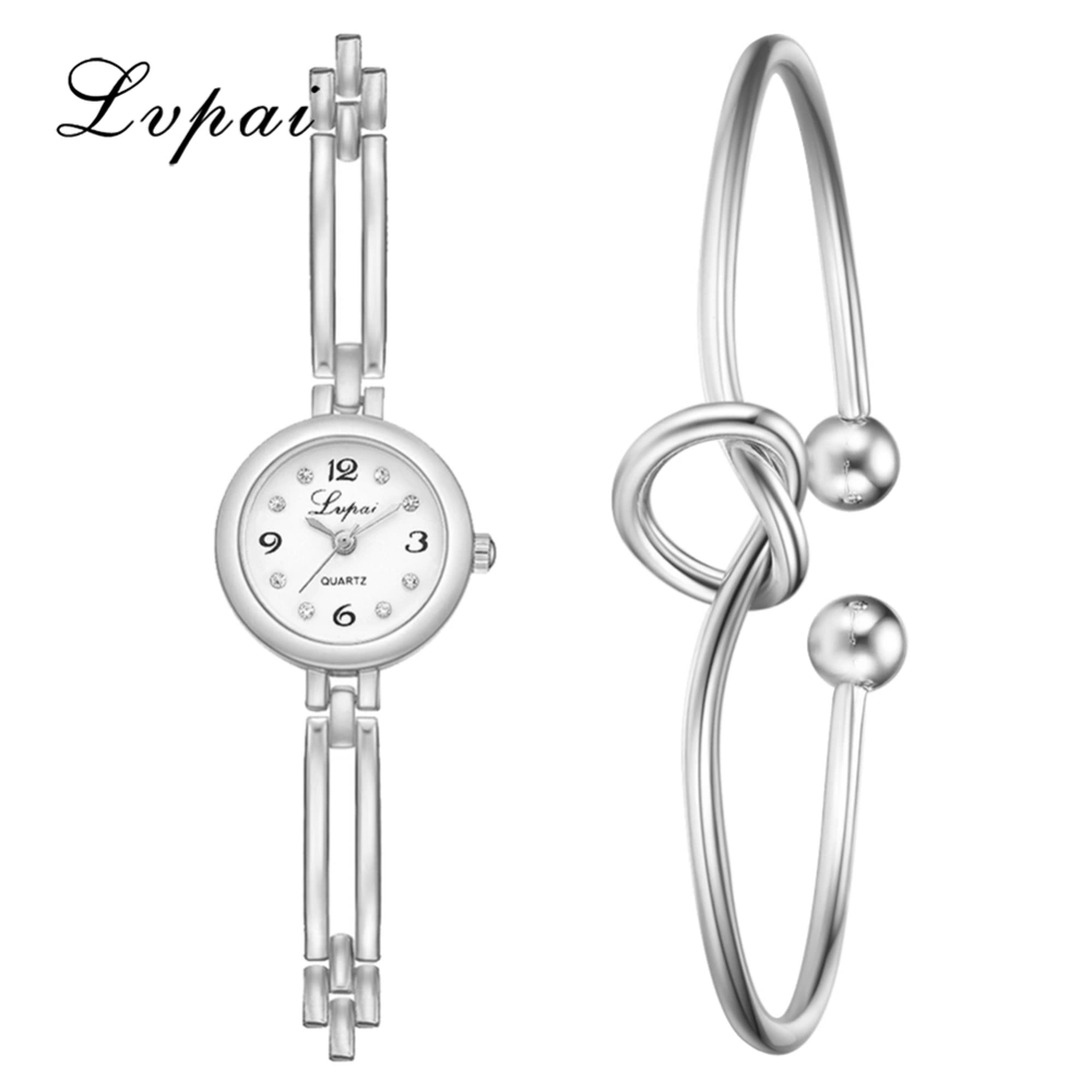 Ivpai Alloy Strap Quartz Round numeral Dial Female Watch with Bracelet (Silver White)