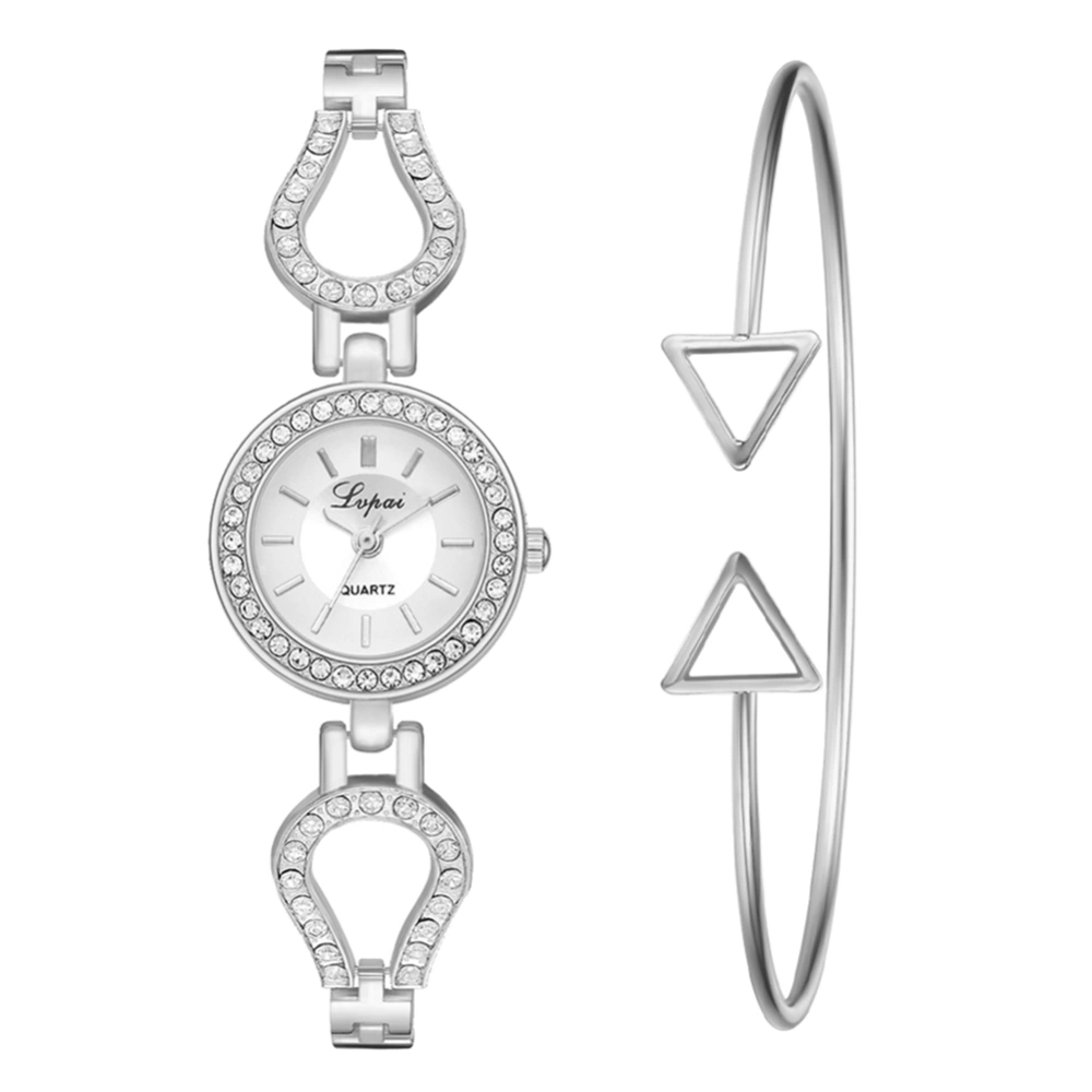 Ivpai Alloy Strap Quartz Rhinestone Decoration Female Watch with Bracelet (Silver White)