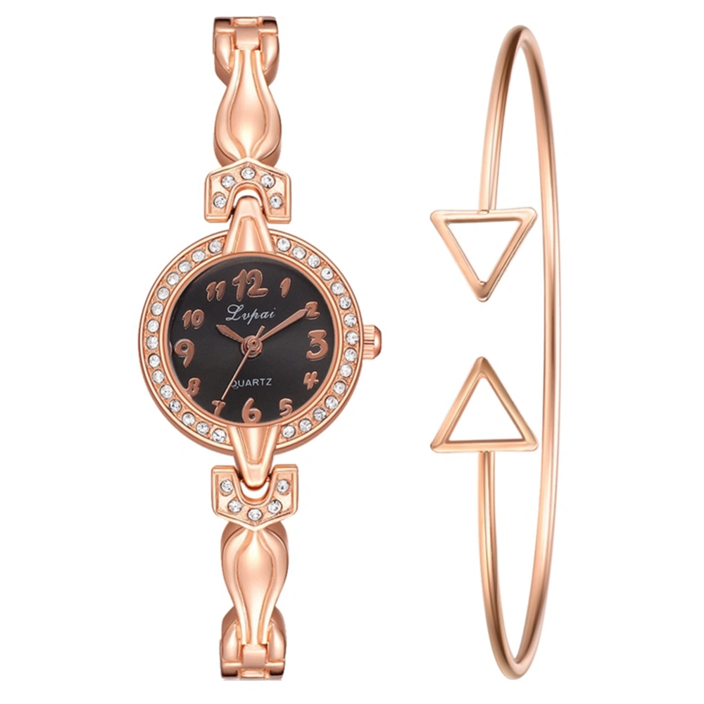 Ivpai Alloy Strap Quartz Numeral Dial Rhinestone Female Watch with Bracelet (Rose Gold Black)