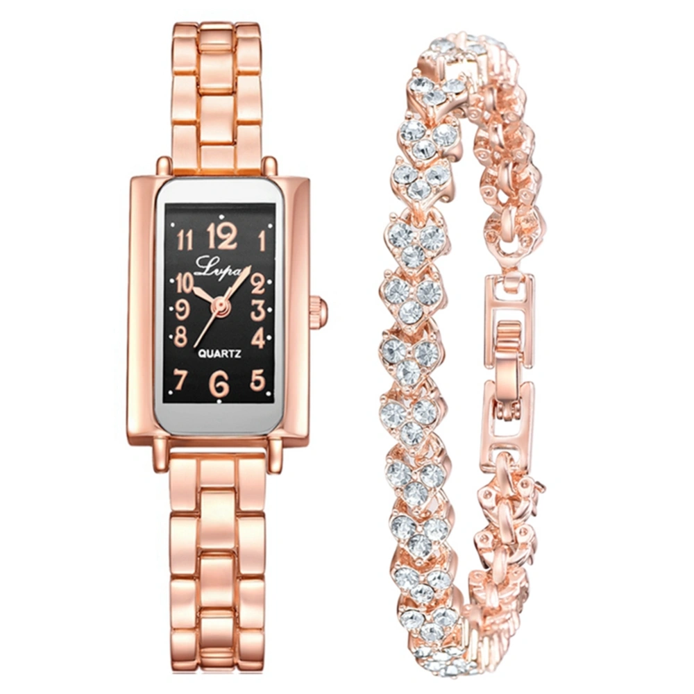 Ivpai Alloy Strap Quartz Square Dial Female Watch with Rhinestone Bracelet (Rose Gold Black)