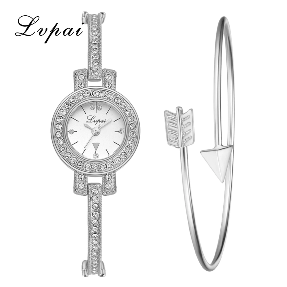 Ivpai Alloy Strap Quartz Shinning Rhinestone Female Watch with Bracelet (Silver White)