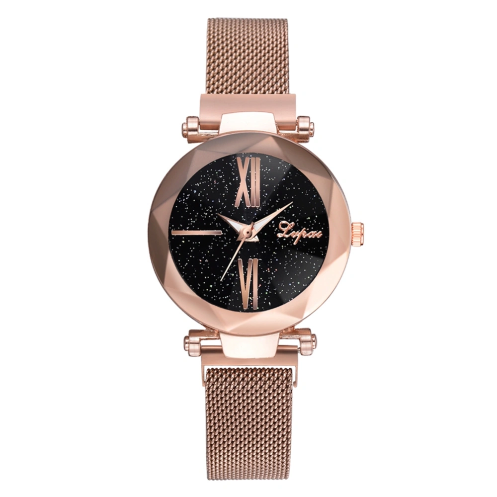 Fashion Alloy Strap Quartz Watch Starry Sky Pattern Casual Female Watch (Rose Gold)