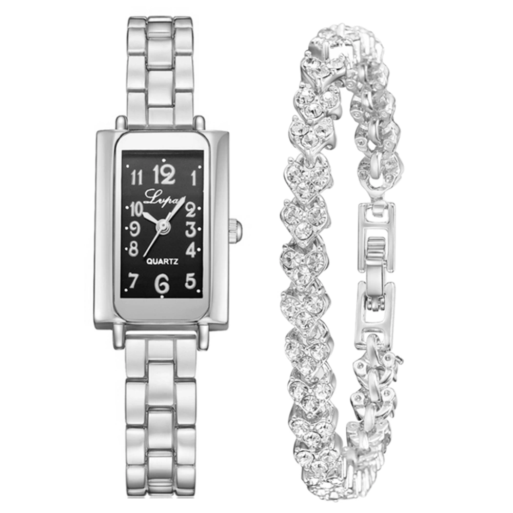 Ivpai Alloy Strap Quartz Square Dial Female Watch with Rhinestone Bracelet (Silver Black)