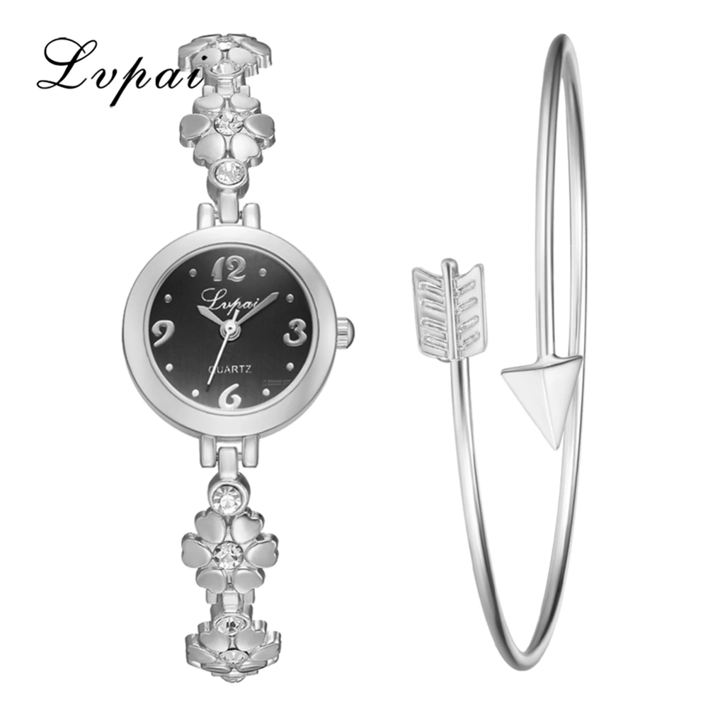 Ivpai Alloy Strap Quartz Rhinestone Decoration Female Watch with Bracelet (Silver Black)