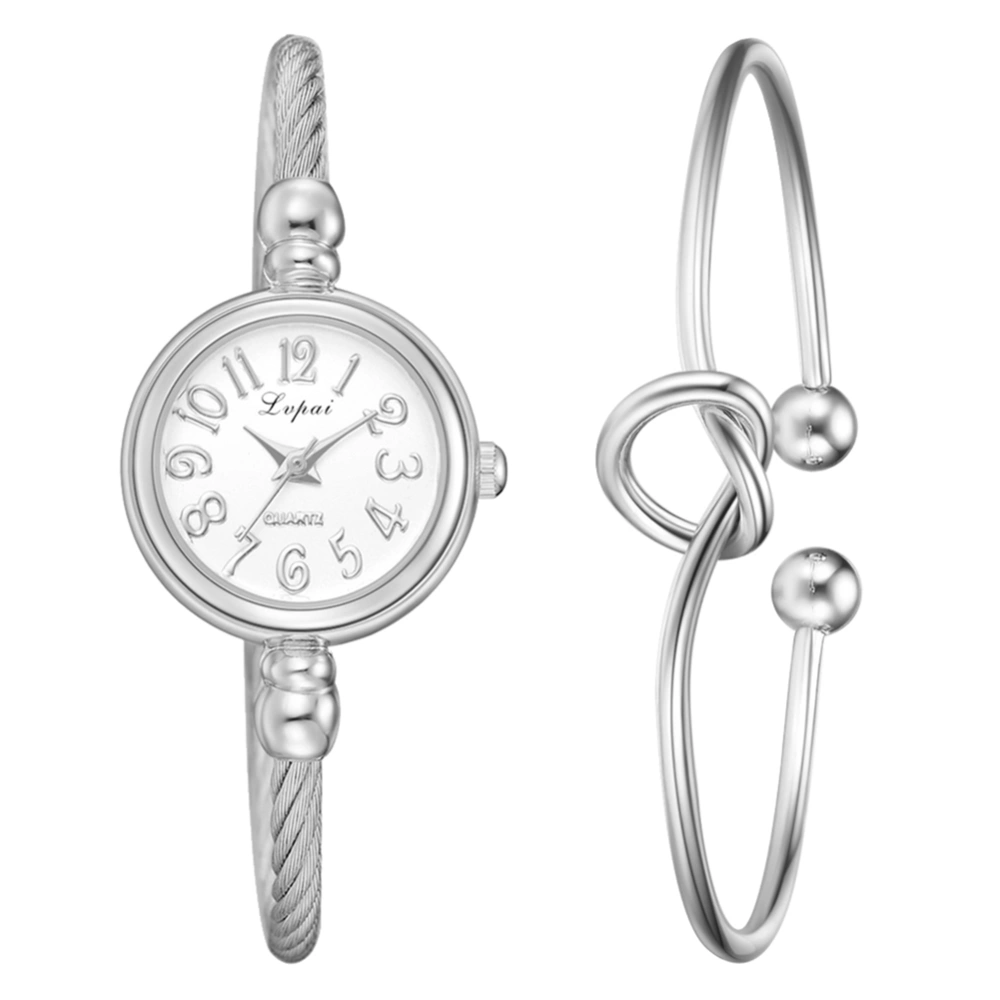 Ivpai Alloy Strap Quartz Round numeral Dial Female Watch with Bracelet (Silver White)