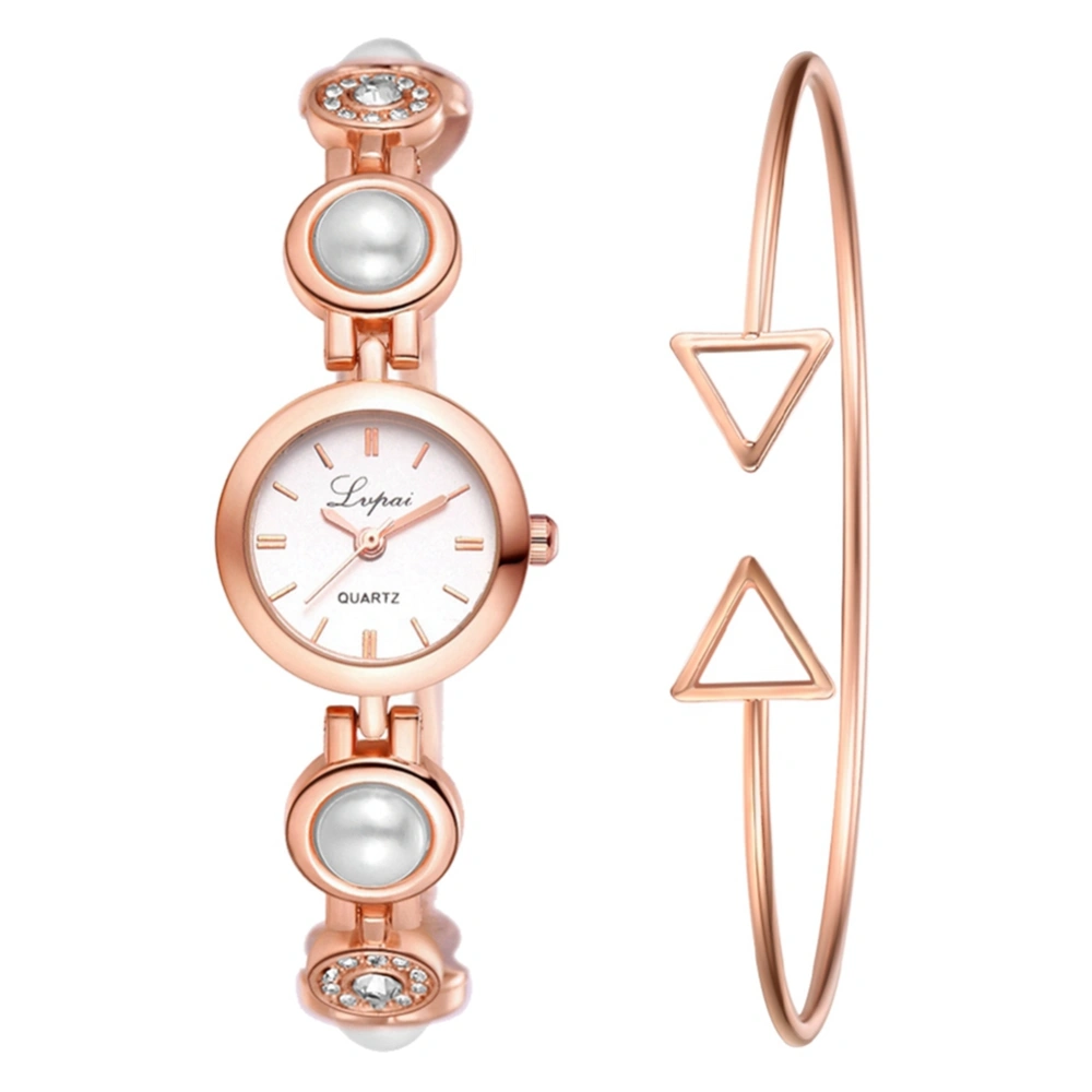 Ivpai Alloy Strap Quartz Rhinestone Decoration Female Watch with Bracelet (Rose Gold White)