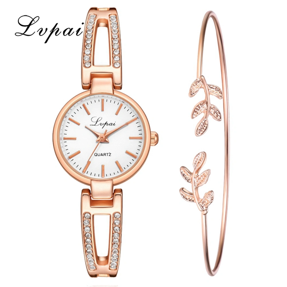 Ivpai Alloy Strap Quartz Shining Rhinestone Female Watch with Bracelet (Gold White)