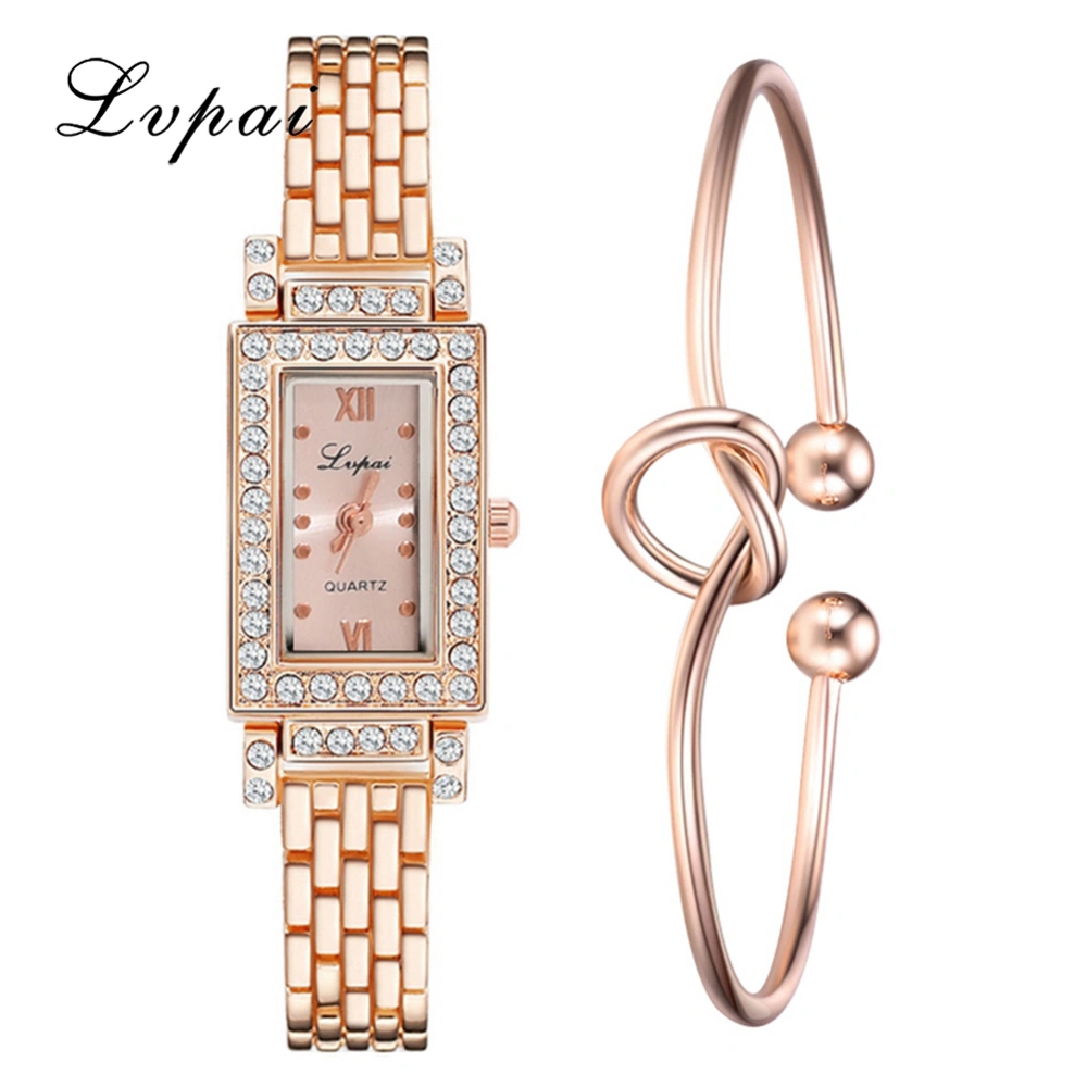 Fashionable Alloy Strap Square Dial Analog Display Quartz Bracelet Set Women Wristwatch #05