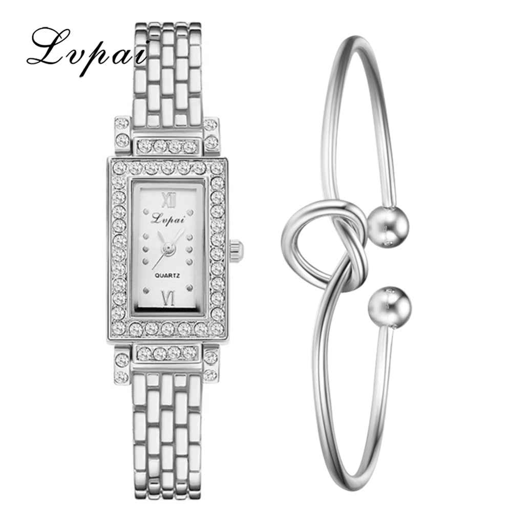 Fashionable Alloy Strap Square Dial Analog Display Quartz Bracelet Set Women Wristwatch #02