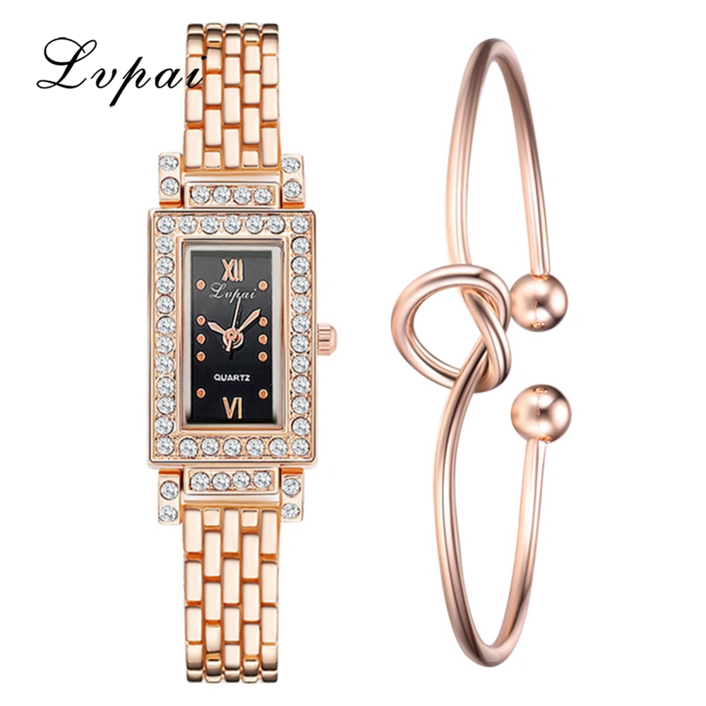 Fashionable Alloy Strap Square Dial Analog Display Quartz Bracelet Set Women Wristwatch #03