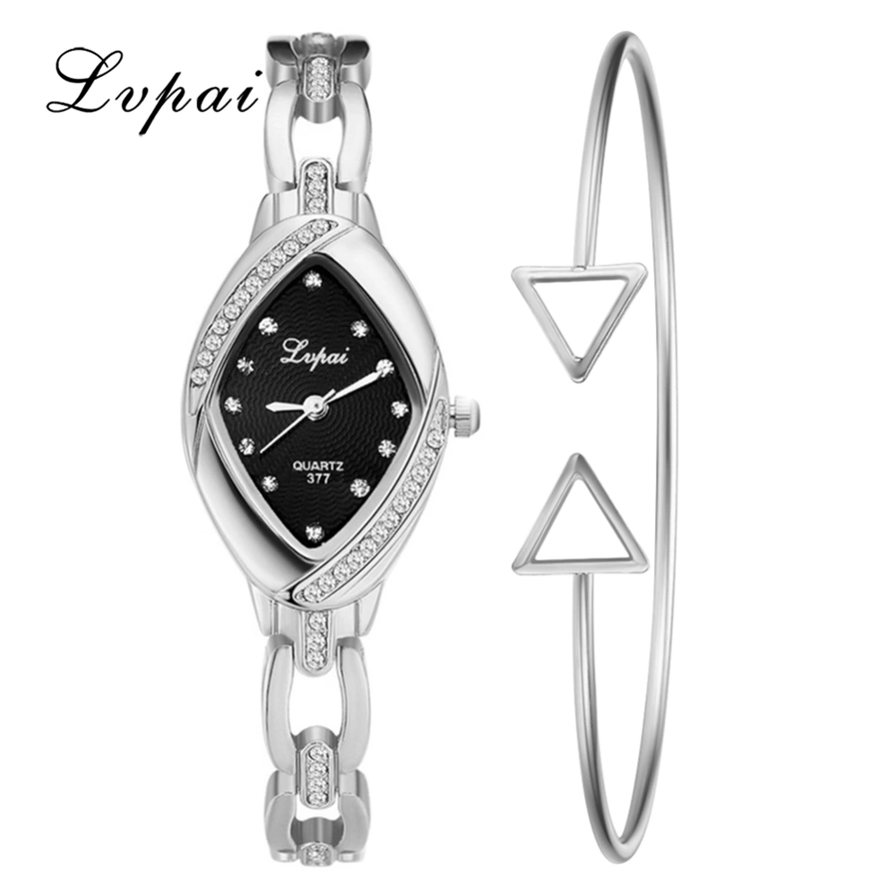 Fashionable Alloy Strap Rhombus Dial Analog Display Quartz Bracelet Set Women Wristwatch #05