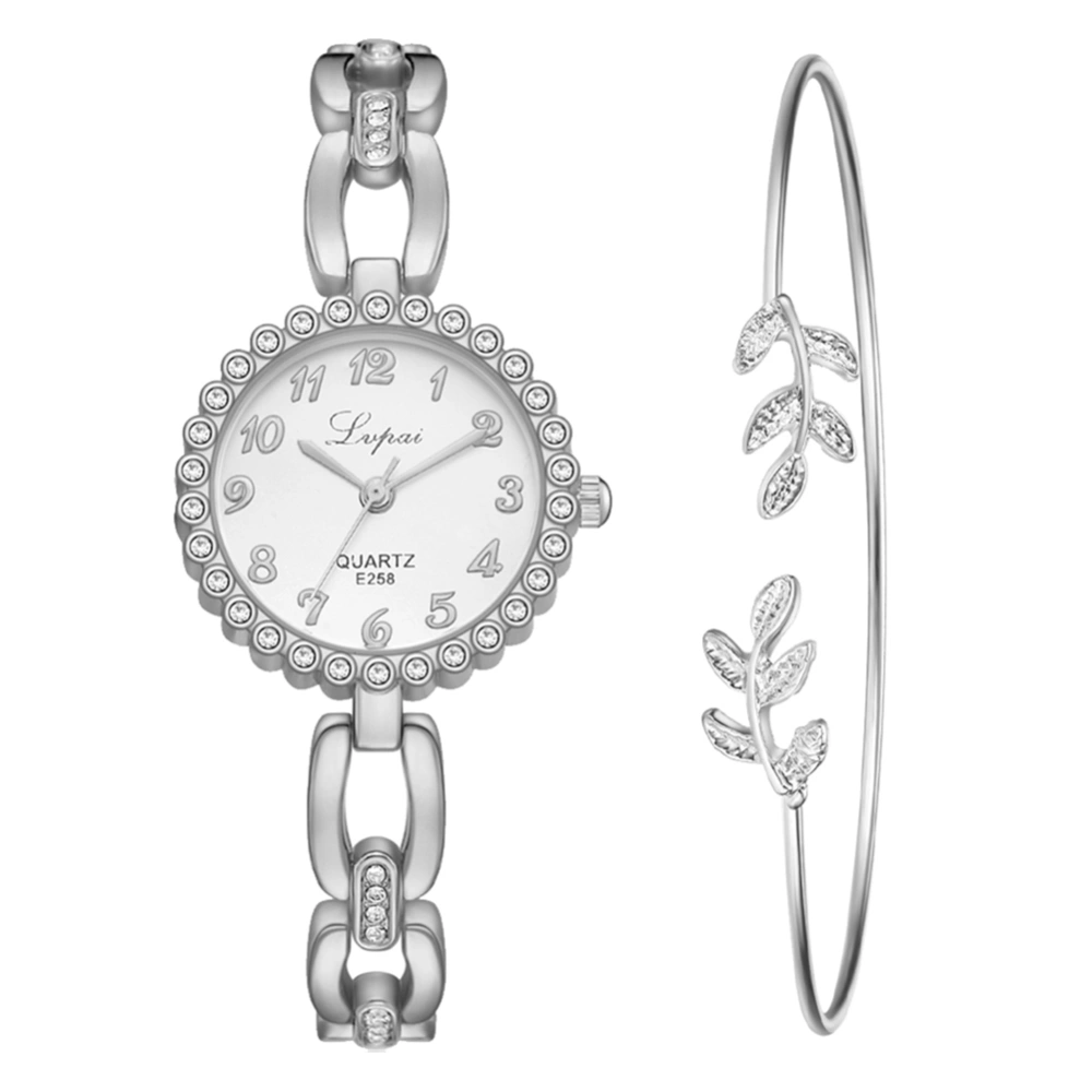 Alloy Strap Quartz Round Dial Female Rhinestone Watch with Bracelet(Silver White)