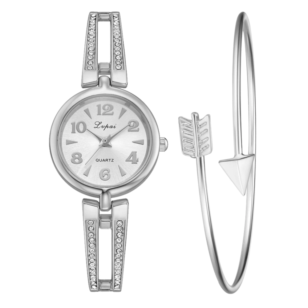 Alloy Strap Quartz Round Dial Female Rhinestone Watch with Bracelet(Silver White)