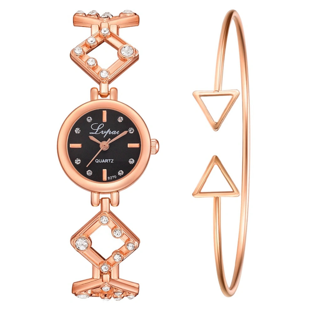 Alloy Strap Quartz Round Dial Female Rhinestone Watch with Bracelet(Rose Gold Black)