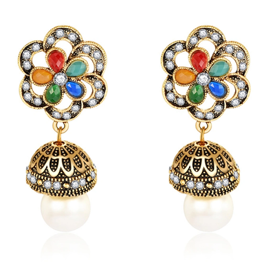 Women Vintage Golden Wind bell Earring Rhinestones Faux Pearl Dangles Ear Stud