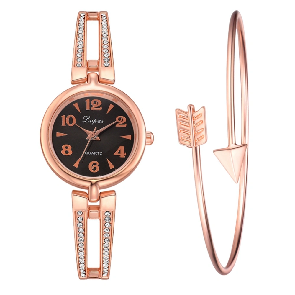 Alloy Strap Quartz Round Dial Female Rhinestone Watch with Bracelet(Rose Gold Black)