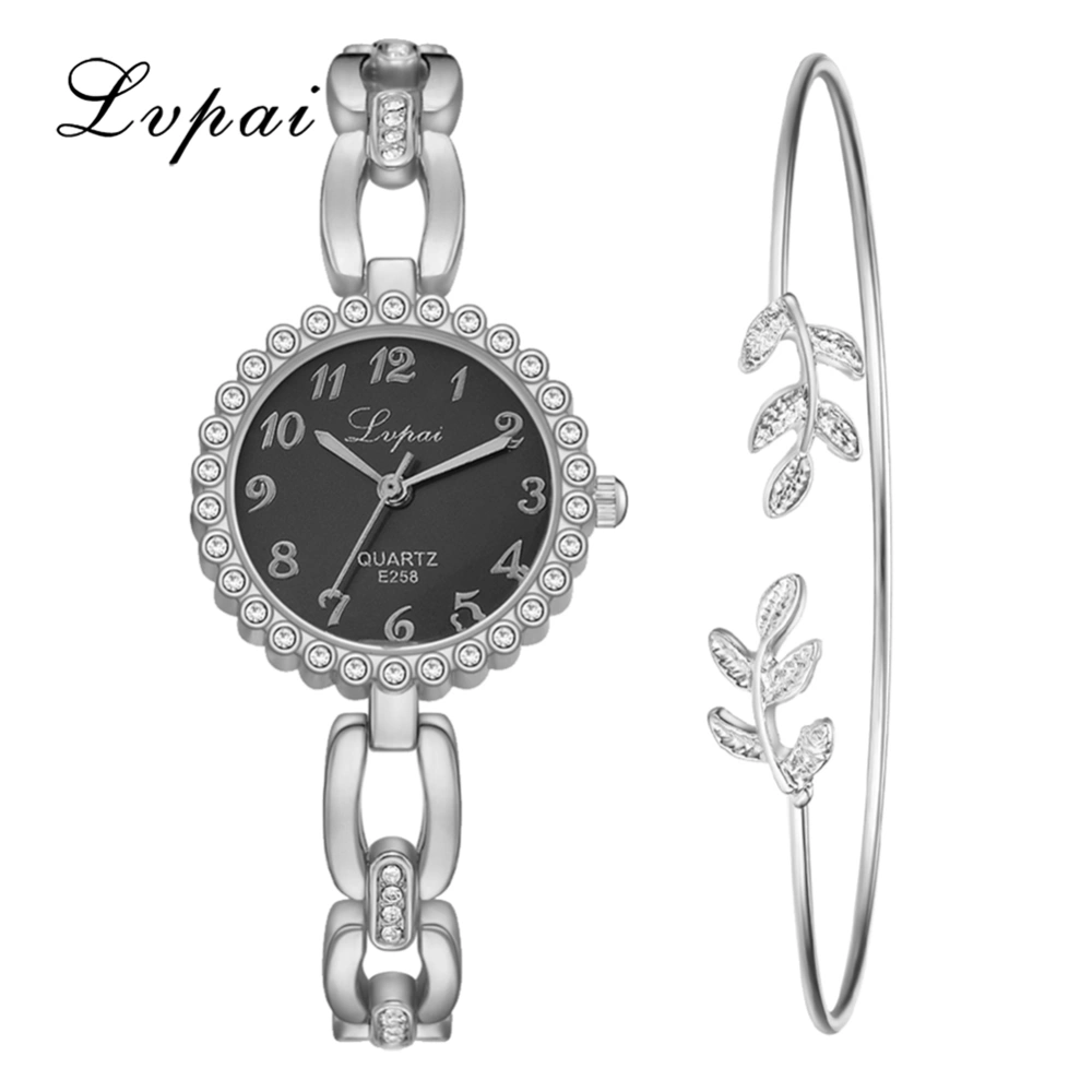 Alloy Strap Quartz Round Dial Female Rhinestone Watch with Bracelet(Silver Black)