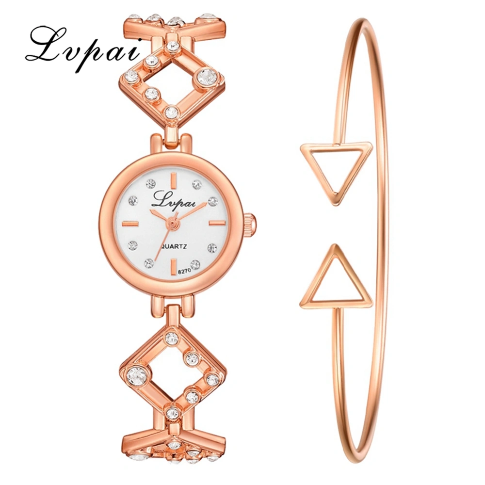 Alloy Strap Quartz Round Dial Female Rhinestone Watch with Bracelet(Rose Gold White)