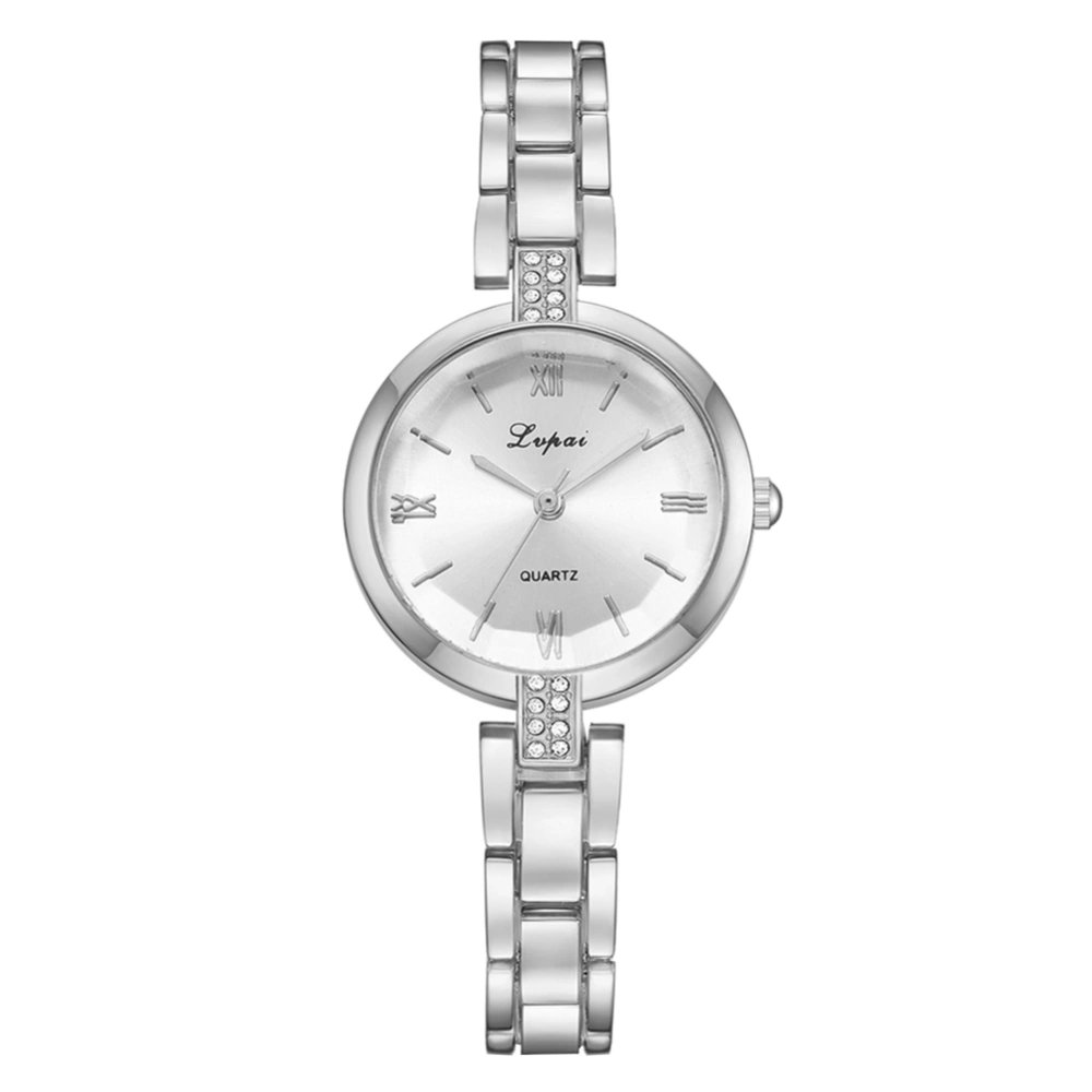 Fashion Steel Strap Quartz Watch Round Dial Women Rhinestone Wristwatch(Silvery white)