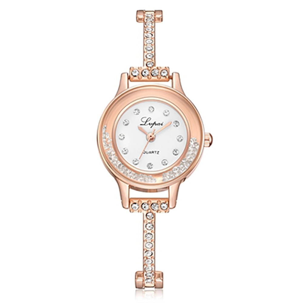 Elegant Women Rhinestone Beads Wristwatch Slim Strap Quartz Bracelet Watch (Rose Gold+White)